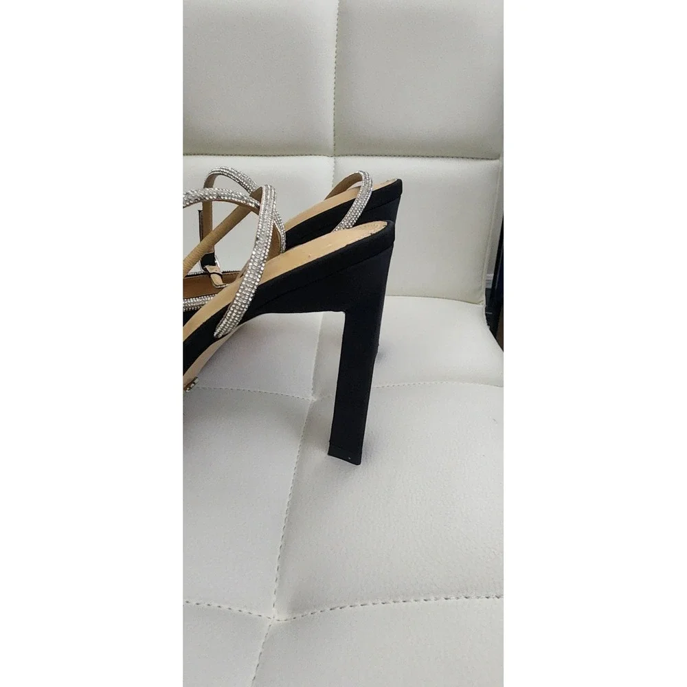 Tony‎ Bianco Black Satin Rhinestone Bow Pointed Toe Block Heel Pumps Womens